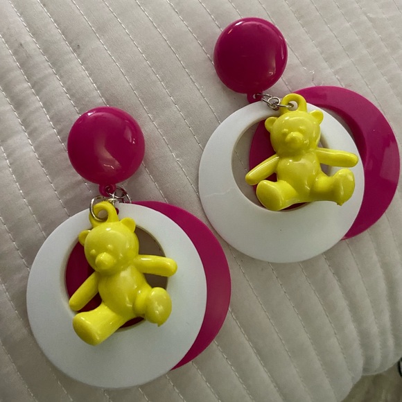 Vintage teddy bear neon inspired loop plastic 80s 90s earrings fun trio funky - Picture 1 of 4